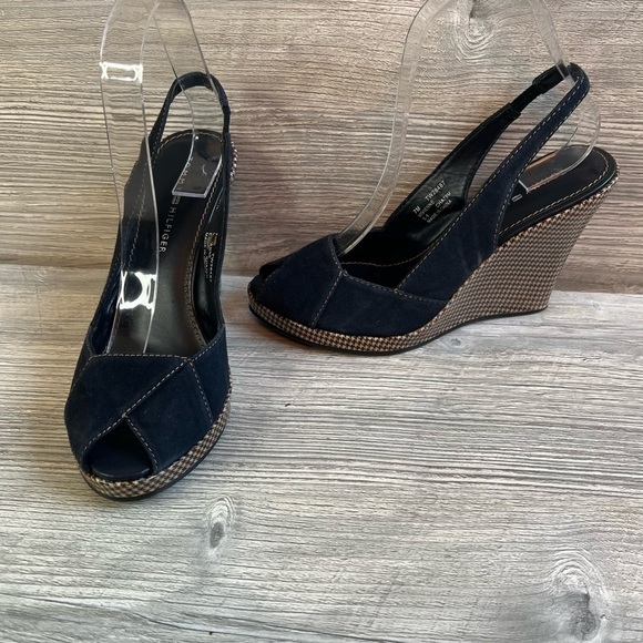 Tommy Hilfiger Vivienne wedge navy suede gingham sling peep toe sandals size 7 - Picture 5 of 14